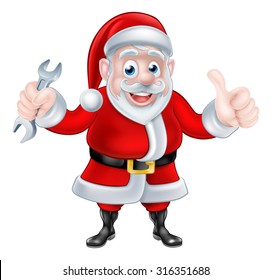 Christmas cartoon Santa Claus holding mechanic or plumber spanner and giving a thumbs up