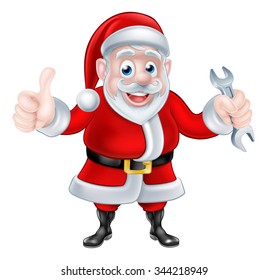 Christmas cartoon Santa Claus holding mechanic or plumber spanner or wrench and giving a thumbs up