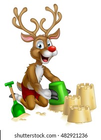 Christmas Cartoon Of Santa Clauss Red Nosed Reindeer Playing On A Beach Making Sandcastles