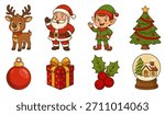Christmas characters and objects illustrations set. Cartoon clipart for Christmas decorations.