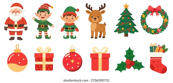 Christmas characters and objects illustrations set. Cute cartoon clipart for Christmas decorations.