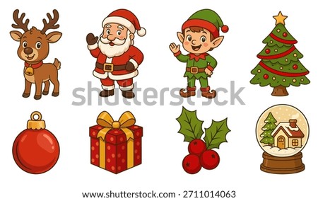 Christmas characters and objects illustrations set. Cartoon clipart for Christmas decorations.