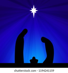 Christmas Christian Nativity Scene Of Baby Jesus In The Manger With Mary And Joseph In Silhouette.