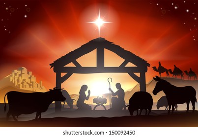 Christmas Christian Nativity Scene With Baby Jesus In The Manger In Silhouette, Three Wise Men Or Kings, Farm Animals And Star Of Bethlehem