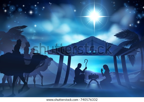 マリアとヨセフをシルエットに 3人の賢者を持つマンガーの中の赤ちゃんイエスのクリスマス キリスト教誕生の場 のイラスト素材