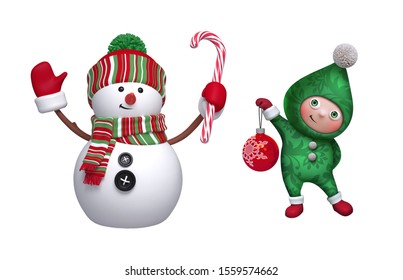 Christmas Clip Art Collection. 3d Render Of Cute Snowman, Shy Smiling Elf, Glass Ball, Candy Cane, Isolated On White Background. Seasonal Ornaments, Decor Elements. Festive Icon Set.