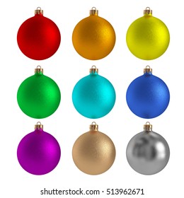 Christmas collection. Set of colored balls for Christmas tree, isolated on white background. Red, orange, yellow, green, light blue, dark blue, purple, gold, silver. 3D rendering. - Shutterstock ID 513962671