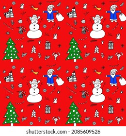 Christmas collection with traditional Christmas symbols and decorative elements. Seamless pattern on a red background ideal for wrapping paper, posters, clothing, and holiday designs.
