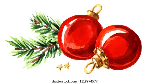 Christmas composition with fir branch and red ball. Watercolor hand drawn illustration isolated on white background
