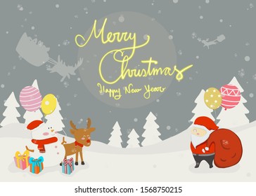 Christmas day and Happy new year. Santa claus, snowman,reindeer,ballons and gift boxes in the winter against the background of snowflakes. Cartoon style. - Powered by Shutterstock