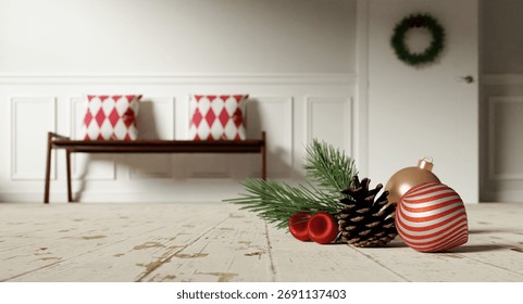Christmas decor elements with ornaments and pine for festive ambiance. 3D render illustration. 3D Illustration
