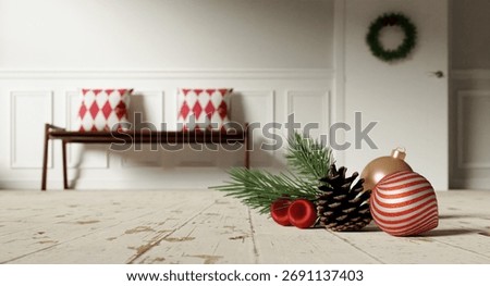 Christmas decor elements with ornaments and pine for festive ambiance. 3D render illustration. 3D Illustration