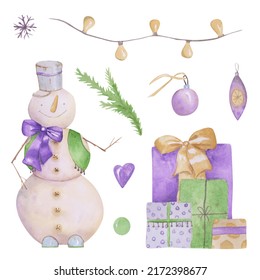 Christmas Decoration Set Isolated On A White Background. 9 Clipart: Gift Boxes, A Snowman, A Snowflake, A Purple Color Heart, A Garland Of Lights, And A Branch Of A Christmas Tree.