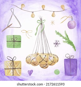 Christmas Decoration Set On A White And Purple Watercolor Background. 9 Clipart: Gift Boxes, Jingle Bells, A Snowflake, A Purple Color Heart, A Garland Of Lights, And A Branch Of A Christmas Tree.