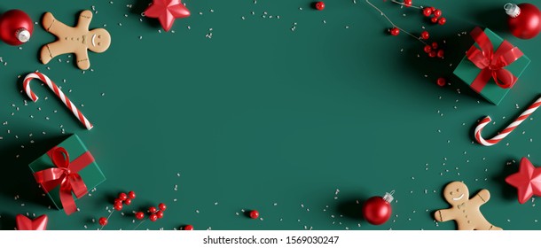 Christmas decorations with gift box on green background. 3d rendering