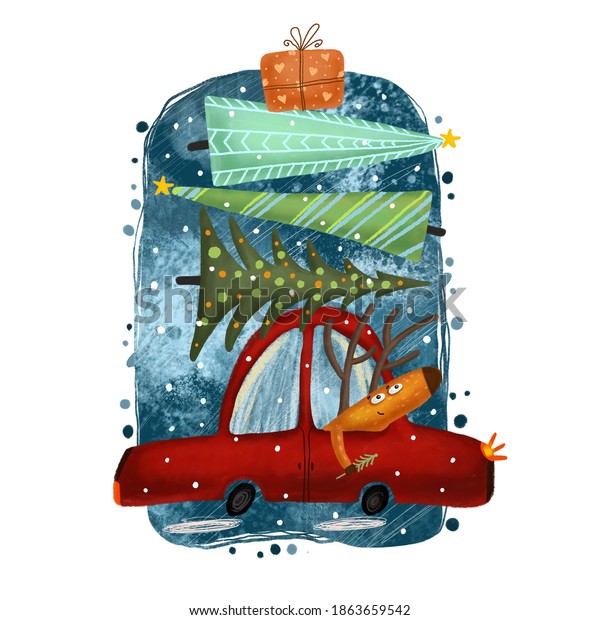 Christmas deer in the car with Christmas\
trees. For printing on postcards, posters,\
clothes