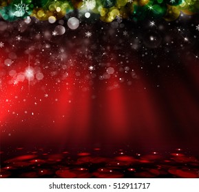 Christmas With Defocused Lights. Red Background 