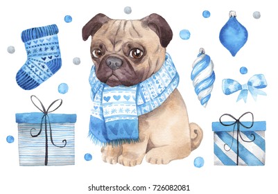 Christmas Dog Illustration. Hand Drawn Watercolor Painting.