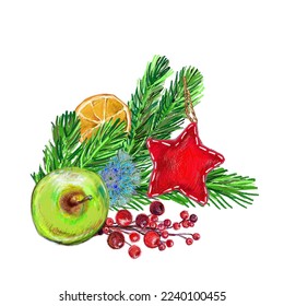 Christmas drawing  Festive New Year's card  Christmas  retro  pencil drawing  Colorful illustration  Christmas tree  star  apple