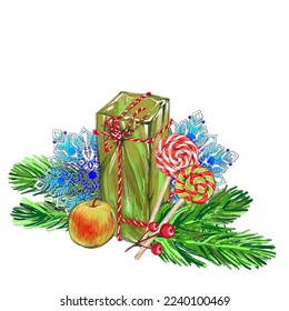 Christmas drawing  Festive New Year's card  Christmas  retro  pencil drawing  Colorful illustration  Gift box   Christmas tree
