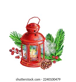 Christmas drawing  Festive New Year's card  Christmas  retro  pencil drawing  Colorful illustration Red Flashlight and candle   Christmas tree