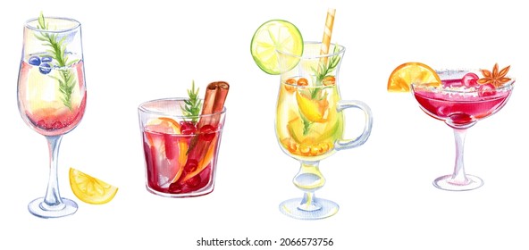 Christmas drink. Alcoholic cocktail. Watercolor illustration. Winter holidays. Spicy berry drink. Cocktail in a glass. Image on a white background. Watercolor clipart. Set of 4 cocktails. - Powered by Shutterstock