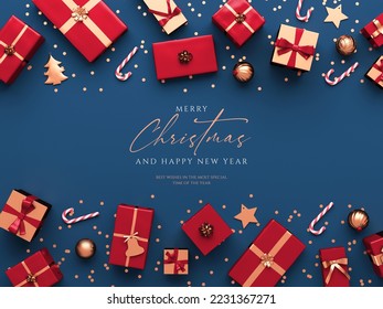 Christmas elegant greeting card template with gifts and gold ornaments on a blue background. Merry Xmas and happy new year type for flat lay banner design in 3D rendering - Powered by Shutterstock