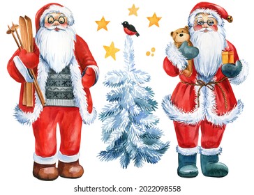 Christmas Elements On White Background, Santa Claus, Christmas Tree And Stars. Watercolor Illustration