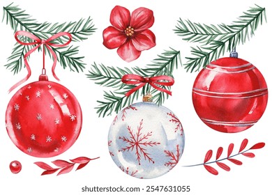 Christmas elements set, Red christmas balls with pine branch, flower holiday decoration. Watercolor winter illustration - Powered by Shutterstock