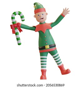 christmas elf holding candy cone with happy face 3D render illustration