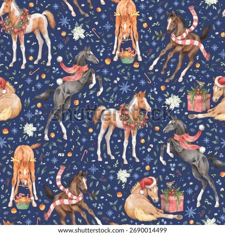 Christmas equestrian seamless pattern with cute foals and holiday decorations. Hand drawn watercolor set with horses, holly berries, treats, apples, poinsettia, leaves and lettering on blue background