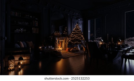 Christmas eve cozy mood in classic decorated living room with fire burning in fireplace, christmas tree, candles and gifts. Family waiting for rest. December holidays, winter, warm indoor. 3d render - Powered by Shutterstock