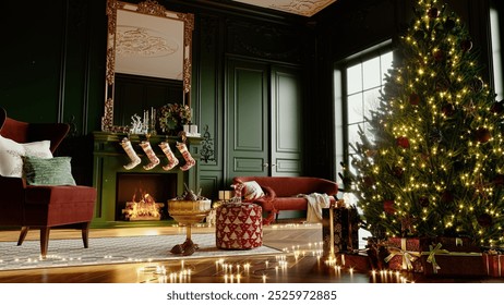 Christmas eve cozy mood in classic decorated living room with fire burning in fireplace, christmas tree, candles and gifts. Family waiting for rest. December holidays, winter, warm indoor. 3d render - Powered by Shutterstock