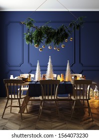 Christmas Eve Dinner With Decorated Table And Hanging Xmas Tree, 3d Render