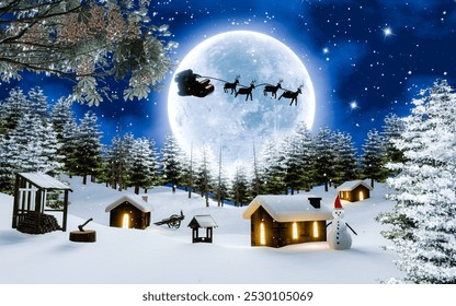 Christmas Eve, Santa Claus gives gifts in the sky with a bright blue Super Full moon on a snowy night. Village in the middle of a pine forest on a mountain, high in snow. 3D Rendering - Powered by Shutterstock