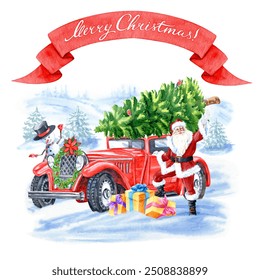 Christmas eve vintage illustration. Watercolor retro car with gift boxes and Christmas tree. Isolated winter holiday object on white background - Powered by Shutterstock