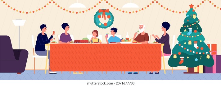 Christmas family dinner. Holiday living room interior, traditional eating. Seniors, children sitting at festive table illustration - Powered by Shutterstock