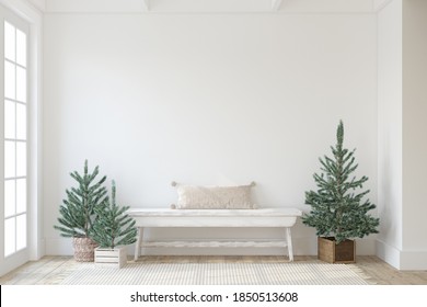 Christmas Farmhouse Entryway. Wooden Bench Near White Wall. Interior Mockup. 3d Render.