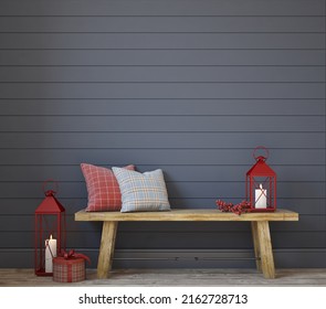 Christmas Farmhouse Entryway. Wooden Bench Near Gray Shiplap Wall. Interior Mockup. 3d Render.