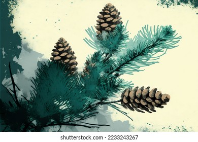 Christmas fir tree branches and pine cones background, digital painting artwork - Powered by Shutterstock