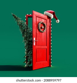 Christmas fir tree enters the red door decorated with lights and Santa hat on green background 3D Rendering, 3D Illustration - Powered by Shutterstock