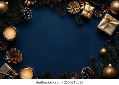 Christmas flat lay on Navy background copy space, Navy gold Christmas, New Year background with golden Christmas tree branches and candles, gift wrapping accessories - Powered by Shutterstock