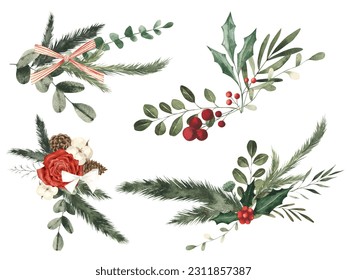 Christmas floral compositions. Winter flowers clipart. Mistletoe, poinsettia  fir-cone, cotton, eucalyptus isolated on white background. Perfect for wrapping paper, scrapbooking, cards. - Powered by Shutterstock