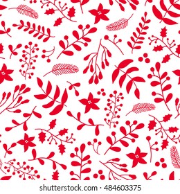 Christmas Floral Seamless Pattern With Holly, Mistletoe And Poinsettia. Simple Doodle Background In Red And White Colors. Great For Gift Packaging, Wrapping Paper, Holiday Decor