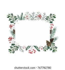 Christmas Frame With Cones, Berries And Spruce Branches. Watercolor Hand Drawn Illustration