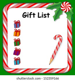 Christmas Gift List On Whiteboard With Candy Cane Frame In Red And Green, Candy Cane Pencil, Holly, Peppermint Candy Trim. To Organize Holiday Parties And Presents. 