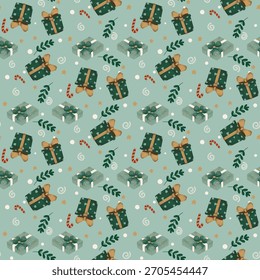 Christmas gift pattern with candy canes and leaves.