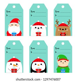 Christmas Gift Tag Set. Santa Claus Elf Snowman White Polar Bear Raindeer Deer Penguin Bird Face. New Year. Cute Cartoon Funny Kawaii Baby Character. Flat Design Blue Background. 