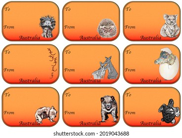 Christmas Gift Tags With Australian Animals And Desert Colours, Nine Cards On Page.