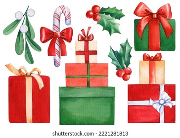 Christmas gifts, lollipop and bow on isolated white background, watercolor illustration - Powered by Shutterstock